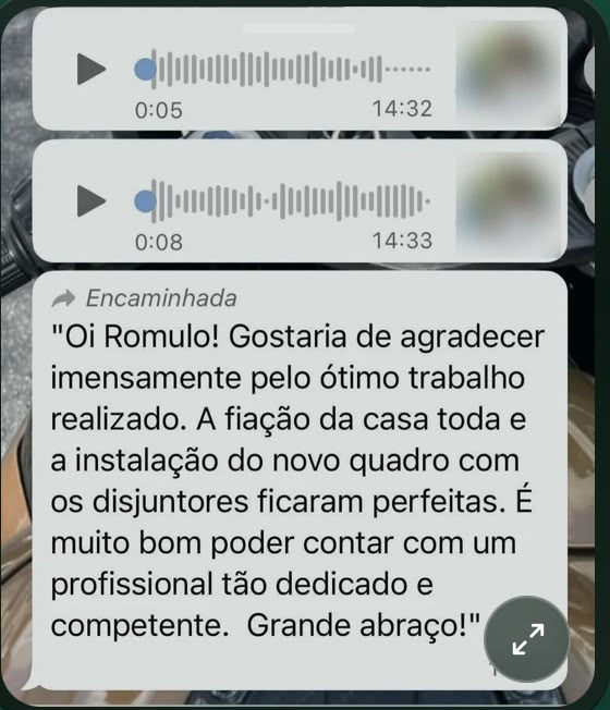 Print real de WhatsApp: cliente residencial agradecendo pela fiação da casa e pelo novo quadro